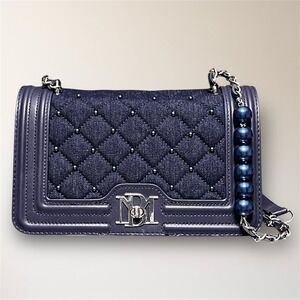 New Badgley Mischka Blue Quilted Denim Crossbody Bag Vegan Leather Pearl Chain